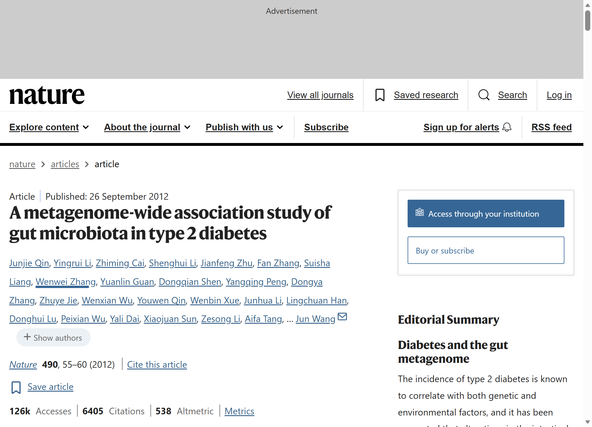 Gut microbiota and type 2 diabetes - Nature 2012