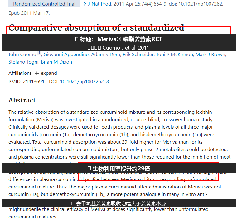 Cuomo J et al. 2011 - Meriva® 磷脂配比提升姜黄素生物利用率 PubMed 页截图